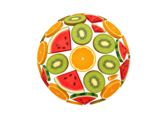 フルーツたっぷり！スイカ、オレンジ、キウイが丸く並んだ、カラフルでフレッシュなイメージ画像