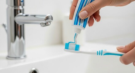 Close up of hands applying toothpaste to a toothbrush in a bright bathroom