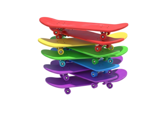 カラフルなスケートボードの積み重ねイメージ, 多様な色合いが楽しい, アクティブな印象, 趣味の道具