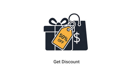 Get discount with shopping bag, gift box, and 50 off tag, isolated on transparent background cyber monday design