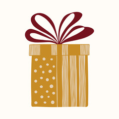 Hand drawn gift box with red bow. Present for Christmas, New Year, birthday, holidays. Flat cartoon clipart isolated on background