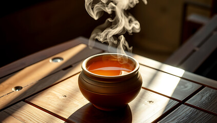 cup of hot tea served in a clay pot.