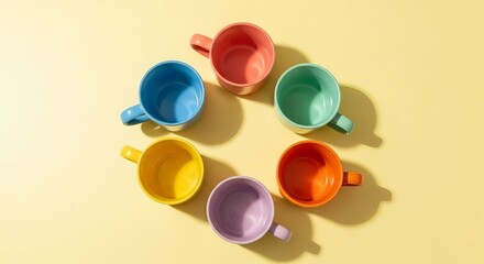 Vibrant colorful small cups arranged in a circle with shadows