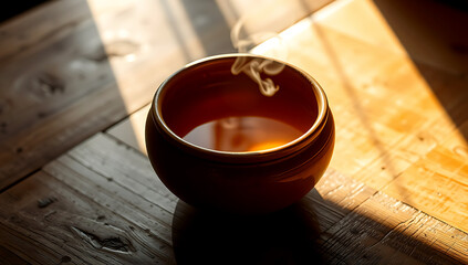 cup of hot tea served in a clay pot
