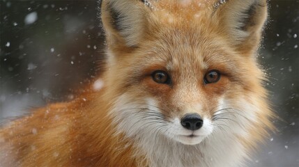 Obraz premium Red fox animal standing outside in soft winter snow with a focused state and calm expression, wild nature scene showing fur detail, cold weather, white snowflakes, quiet outdoor wildlife environment