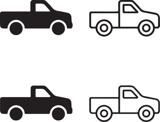 Isolated pickup truck icon set, black pickup truck vector, light cargo symbol, editable pickup truck icon, minimal solid black line outline design, transport for goods, road, and delivery