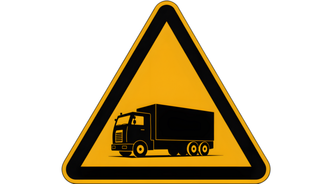 Warning sign with a truck symbol indicating potential hazards, road safety, and transportation alerts for delivery services and logistics