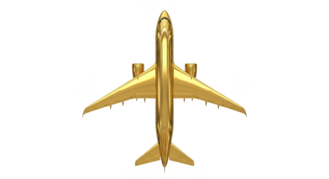 Aerial view of golden airplane isolated on transparent background