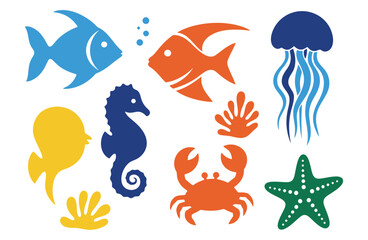 Fototapeta premium Collection of colorful sea life silhouettes including fish with bubbles, a jellyfish, seahorse, crab, starfish, and shells, a marine animal vector icon set