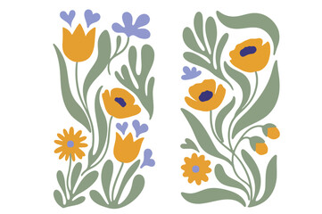 Fototapeta premium Two vertical folk art floral arrangements with tulips, poppies, daisies, and heart shaped flowers