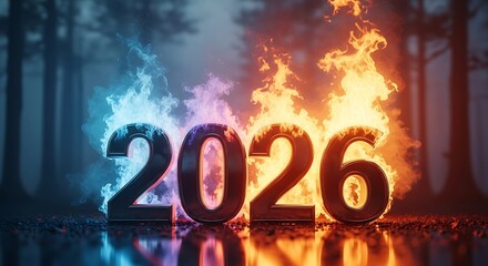 Year 2026 ignited by vibrant flames and futuristic glow symbolic of change and transformation