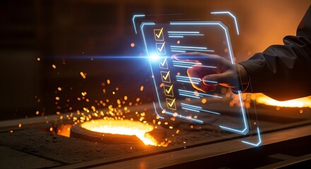 Industrial quality control with digital interface overlaying molten metal and sparks, modern manufacturing concept.