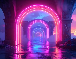 Neon archways illuminate a stone passage with a colorful sunset