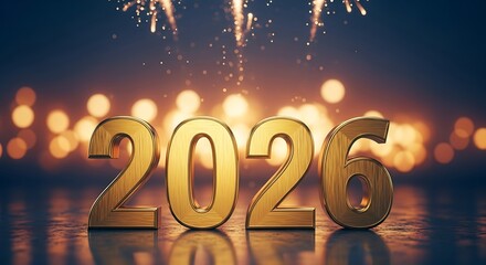 Golden 2023 numbers illuminated by fireworks and blurred city lights celebrating new year's eve