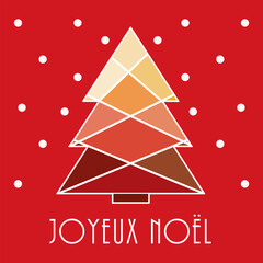 Carte de v&oelig;ux joyeux no&euml;l sur fond rouge. Sapin graphique multicolore. Illustration vectorielle dessin&eacute;e &agrave; la main. Fran&ccedil;ais.
