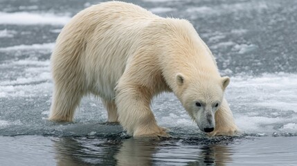 Polar bear animal carefully touching the ice and sea surface while crossing a melt pond in the Arctic Ocean, wild nature scene showing cold climate, frozen water, winter and environmental concept
