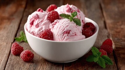 white bowl with vibrant pink raspberry ice cream