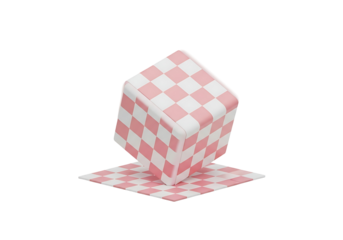 市松模様の立方体、ピンクと白のパターンが可愛い。３Dレンダリングで表現されたシンプルな図形