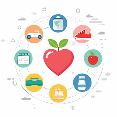 Modern flat design icons illustrating the key components of a healthy lifestyle, including diet, exercise, and healthcare, for a complete wellness concept
