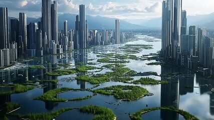 Futuristic Metropolis Landscape Featuring Towering Skyscrapers and Aquatic Islands - Powered by Adobe