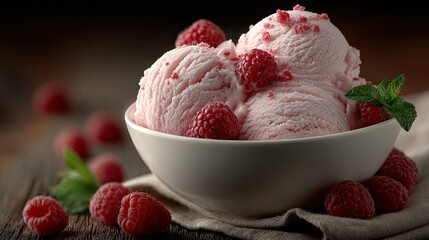 white bowl with vibrant pink raspberry ice cream