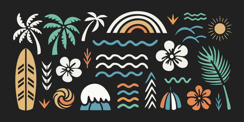 Obraz premium Collection of tropical summer elements including palm trees surfboard flowers waves sun and rainbow