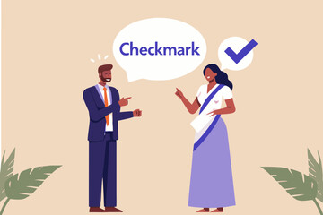 Diverse colleagues collaborate and confirm a successful outcome with a checkmark and speech bubble