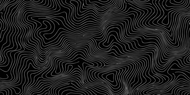 Abstract topographic map contour lines pattern on black background with white wavy lines