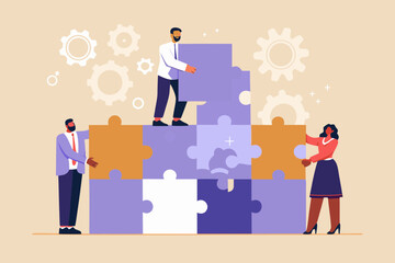 Diverse team of professionals collaborating to build a complex puzzle structure together