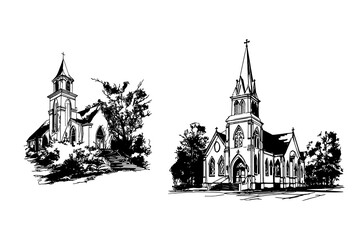 Evangelical church set sketch on white background © Julia