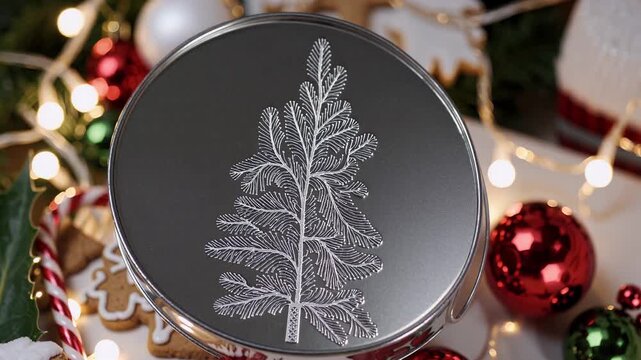 cozy 4k holiday themed video festive cookie tin decorated pine tree design surrounded sweet treats glowing ornaments evoking warmth joy nostalgic holiday spirit