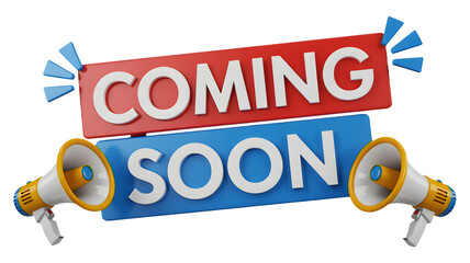 Exciting announcement with megaphone, Coming Soon message on vibrant red and blue, perfect for promotions and marketing campaigns