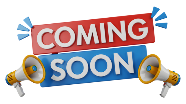 Exciting announcement with megaphone, Coming Soon message on vibrant red and blue, perfect for promotions and marketing campaigns