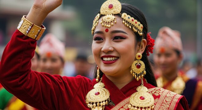 Smiling woman in traditional nepalese dress with gold jewelry during a festival.