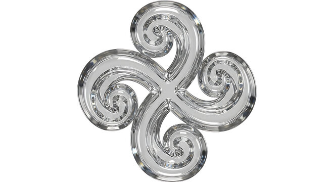 Abstract silver metallic celtic triskele symbol with swirling spirals and intricate knotwork design on a white background