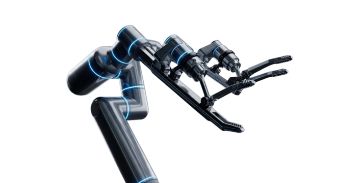 Robotic arm with blue lights isolated on transparent background