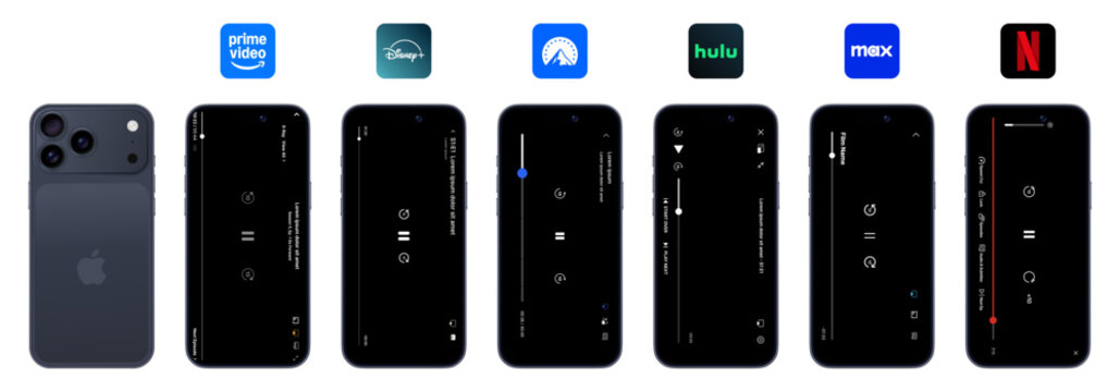 Prime Video, Disney+, Paramount+, Hulu, Max, and Netflix in iphone 17 pro max mobile video player UI comparison and streaming app interface mockup