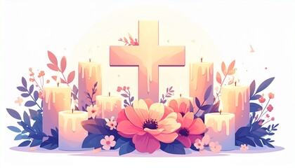Minimalist All Souls Day Illustration: Cross, Three Candles, and Pink Flowers on a Soft Background. Memorial and Spiritual