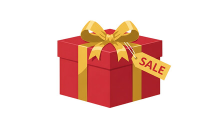 Red gift box with yellow ribbon and sale tag isolated on transparent background black friday element