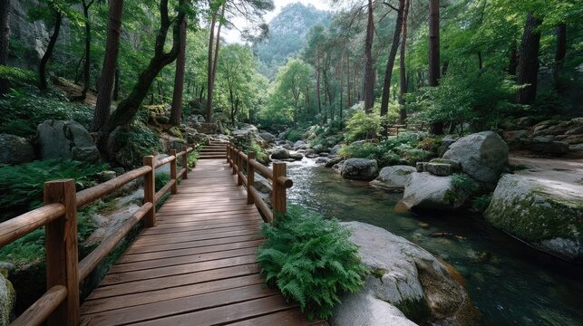 Rustic Wooden Bridge Over A Serene Forest Stream Amidst Lush Greenery And Sunlight Dappled Trees In A Peaceful Natural Landscape - Powered by Adobe