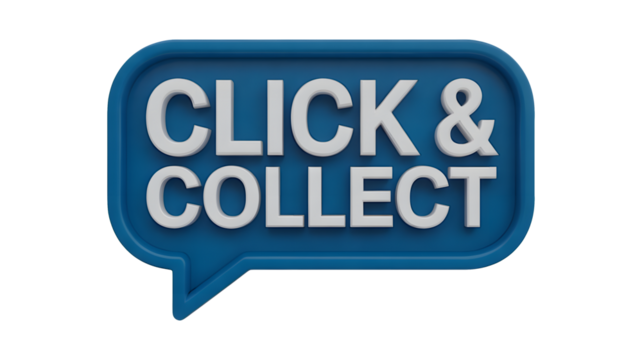 Click and Collect concept displayed in a blue speech bubble, ideal for online shopping and retail promotions