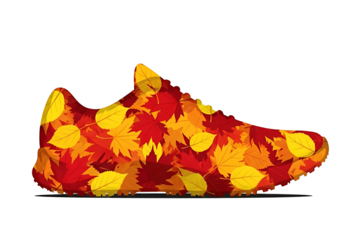 秋色の落ち葉で飾られた靴のイラスト、鮮やかでユニークなデザイン、季節感あふれるイメージ。