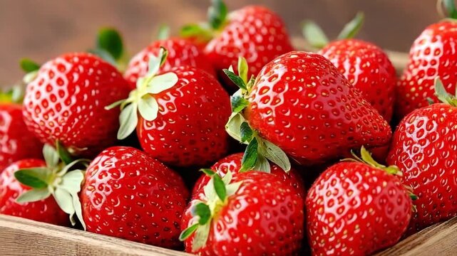 Fresh red strawberries gathered in a rustic wooden basket displayed in sunlight