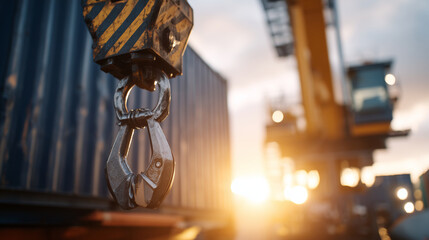 Industrial crane hook lowering onto a shipping container, glowing sunlight reflecting off metal surfaces