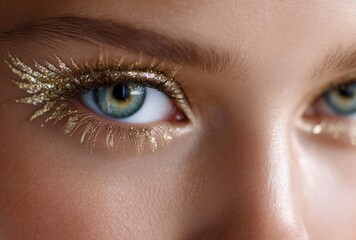 Obraz premium a close-up of the eyes and eyelashes of an attractive woman with golden-fringed makeup, wearing gold sequined feathers on her head
