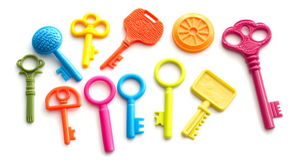 Colorful Toy Keys Assortment for Kids Learning Fun, Bright Plastic Key Collection in Green Blue Yellow Orange and Pink Tones on White Background for Children Education and Play Concept