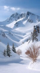 Majestic Snowy Mountains Under Clear Blue Sky With Pine Trees And Rocky Outcrops Creating A Serene Winter Landscape