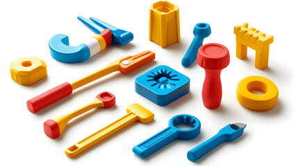 Colorful Toy Tools Set, Construction Toys for Kids, Red Blue Yellow Vibrant Plastic Play Tools for Toddlers, Educational Pretend Play, Brightly Colored Toy Tool Collection on White Background