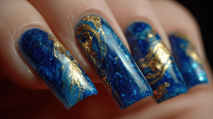 Luxurious Blue and Gold Marble Nail Art