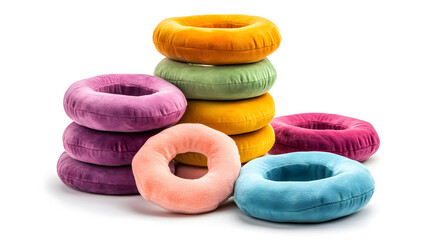 Donut Pillows Stacked Colorful Velvety Round Cushions Comfortable Seating Playful Decor bright and modern soft plush doughnut shape on white backdrop vibrant hues comfortable cozy furnishing minimal